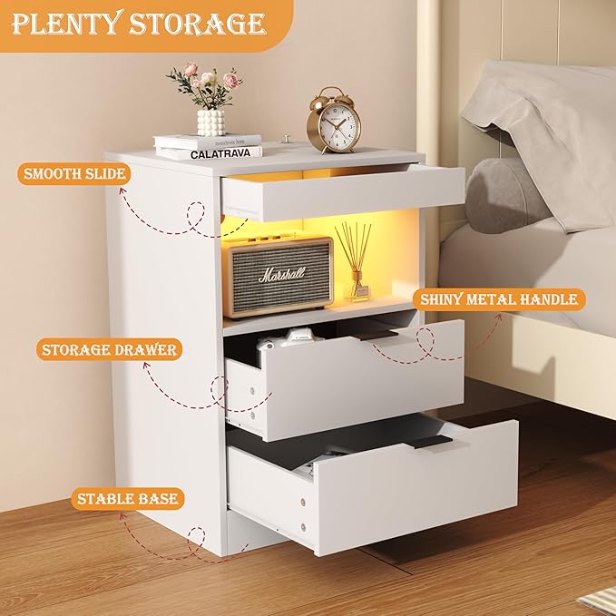 Yusong Night Stand with Gun Drawer & Invisible Lock, Bedside Table, LED Nightstand with Charging Station, Modern Night Stand, Wood Sofa Couch End Side Table with 2 Pull-Out Shelf, White
