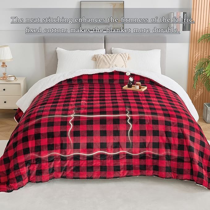 CHOSHOME Sherpa Fleece Blanket- Thick Warm Blanket for Winter, Soft Fuzzy Plush Blanket for Bed, Couch, Travel (Checker Red, Queen 90" x 90")