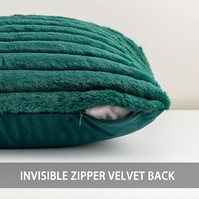 Aegero Pack of 2 Faux Fur Fall Throw Pillow Covers 22x22 Inch, Soft Plush Striped Neutral Couch Pillow Cover, with Velvet Back Modern Home Decor for Sofa Living Room Couch Bed Blackish Green