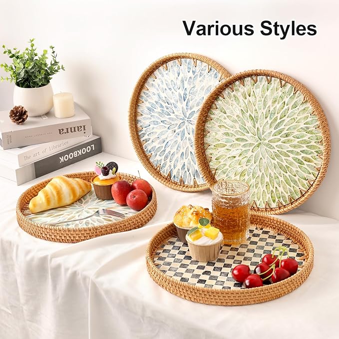 Round Rattan Tray with Mother of Pearl Inlay, Rattan Serving Tray for Coffee, Bread, Fruits, Decorative Wicker Tray for Table Decor, Home Decor, Kitchen Island Decor(Black Checkerboard, 11.8")