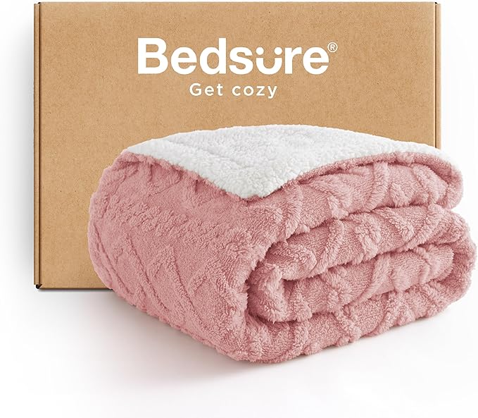 Bedsure Gentlesoft Sherpa Fleece Throw Blanket for Couch - Fluffy & Cozy Cable Jacquard Tufted Throw for Women Gift and Valentine Decor, Thick and Warm Blanket for Winter, Pink, 50x60 Inches