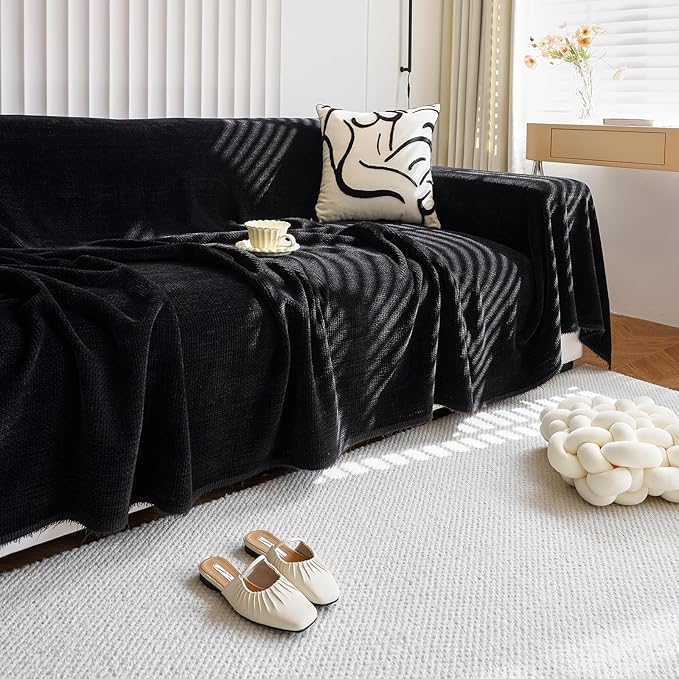 HANDONTIME Couch Cover for Sofa Corduroy Couch Cover for Kids Jacquard Love seat Sofa Covers Sectional Couch Covers 3 Seater Sofa Cover Cozy Sofa Slipcovers Chenille Couch Protector 71" X150", Black