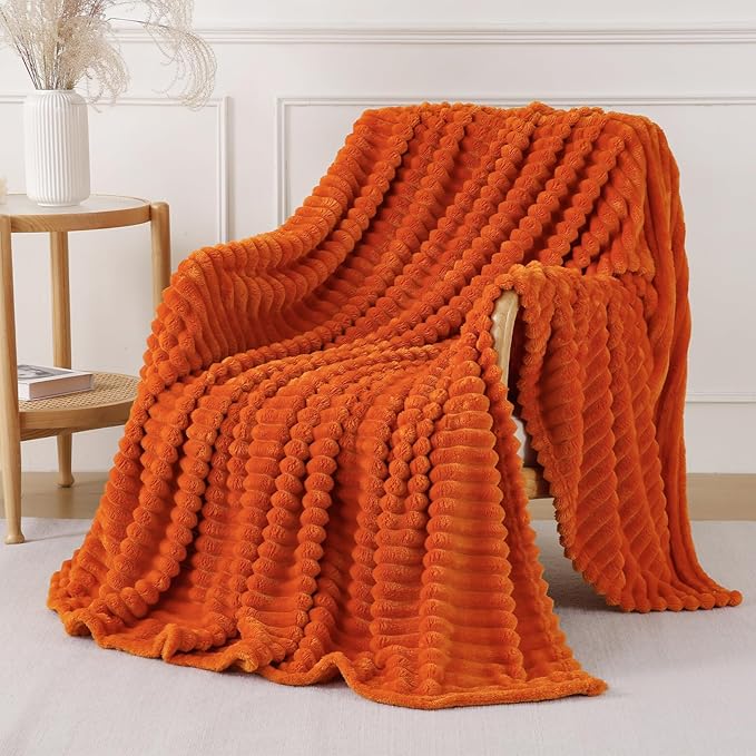 Orange Throw Blanket for Couch Sofa 60x80 inches Striped Fleece Blankets Room Home Decor Lightweight Plush Soft Cozy Gifts for Women Mom Girls
