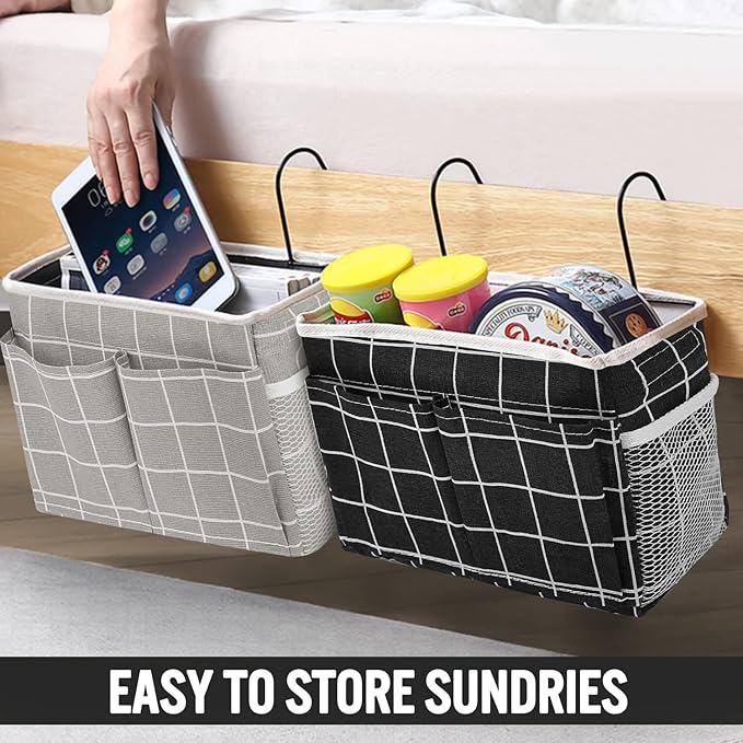 Ndeno Bedside Caddy Storage Bag Hanging Pocket Organizer for Bunk and Hospital Beds Crib,Dorm Rooms Bed Rails for Remotes Mobile Phone Keys, Glasses, Books (Black Plaid)