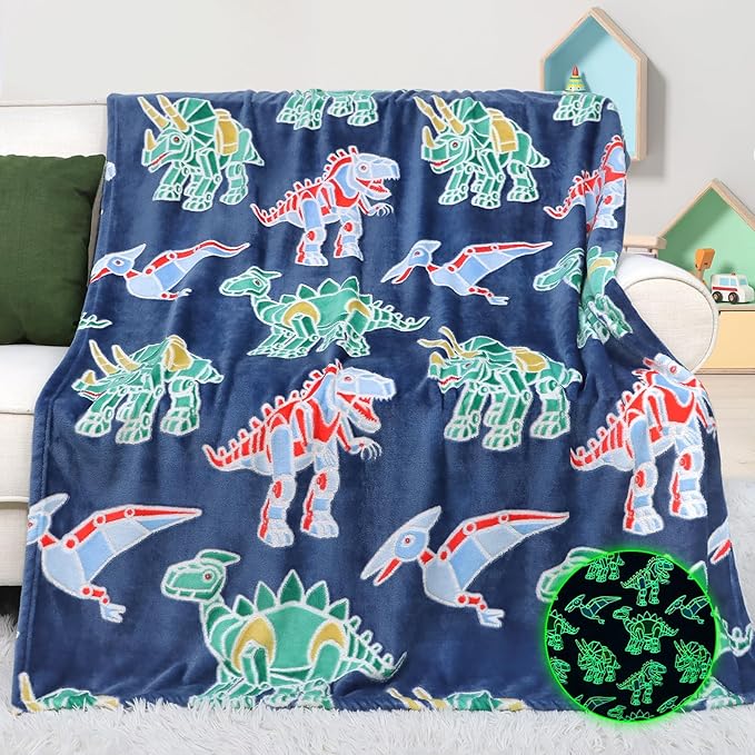 Dinosaur Blanket for Boys Kids, Glow in The Dark Dinosaur Blankets Birthay Easter Gifts for Boys, Dino Toys for Kids 2 3 4 5 6 7 8 9 10 11 12 Year Old Boy Gifts