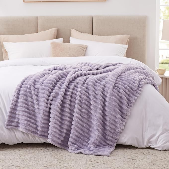 EXQ Home Fleece Throw Blanket for Couch or Bed - 3D Stripe Jacquard Decorative Blankets - Cozy Soft Lightweight Fuzzy Flannel Blanket Suitable for All Seasons(50"×60",Light Purple)