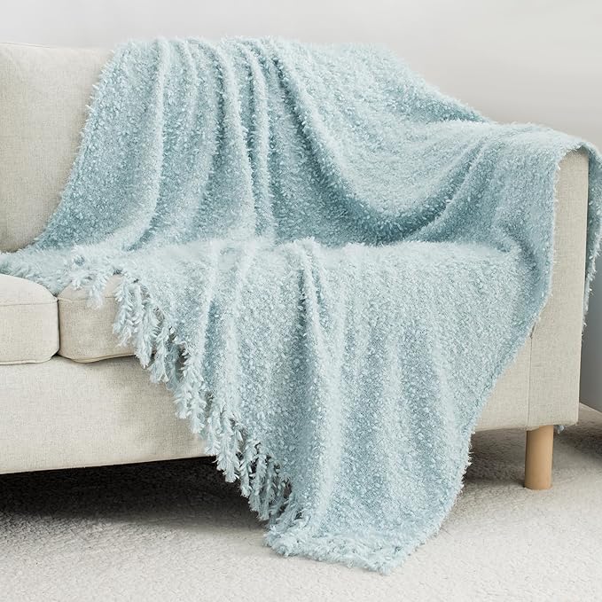 Winter Knit Throw Blanket Fluffy Fuzzy Soft Lightweight Cozy Farmhouse Tassels Chunky Knitted Throws for Couch Sofa Bed (Dream Blue, 60"x80")