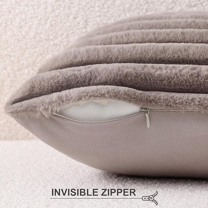 Pallene Faux Fur Plush Throw Pillow Covers 16x16 Set of 2, Luxury Soft Fluffy Striped Decorative Pillow Covers for Sofa, Couch, Living Room, Light Coffee