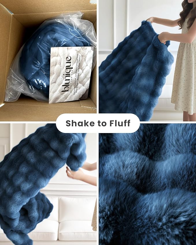 Ultra Soft Cozy Faux Fur Throw Blanket, Fuzzy Plush Thick Bubble Blanket, Oversize Luxury Fluffy Blanket for Couch, Sofa, Bedroom, and Living Room,50x60 Inches,Blue