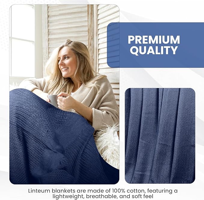 Linteum Textile Supply Leno Weave Navy Blue Blanket, Queen 100% Cotton, Lightweight, Warm, Fluffy, Premium and Durable Soft & Cozy Bed Blanket for Home, Couch, Sofa & Dorm, All Season Throw [90x90]
