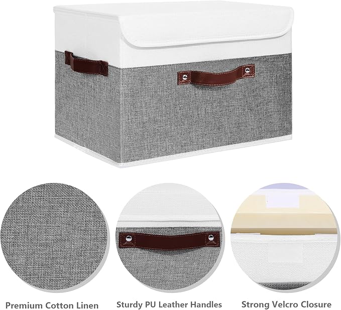 ANMINY 2PCS Storage Boxes with Lid Washable Decorative Storage Bins Basket with PU Leather Handle Foldable Linen Fabric Storage Cubes Containers for Home Closet Organizer - Gray White, Large Size