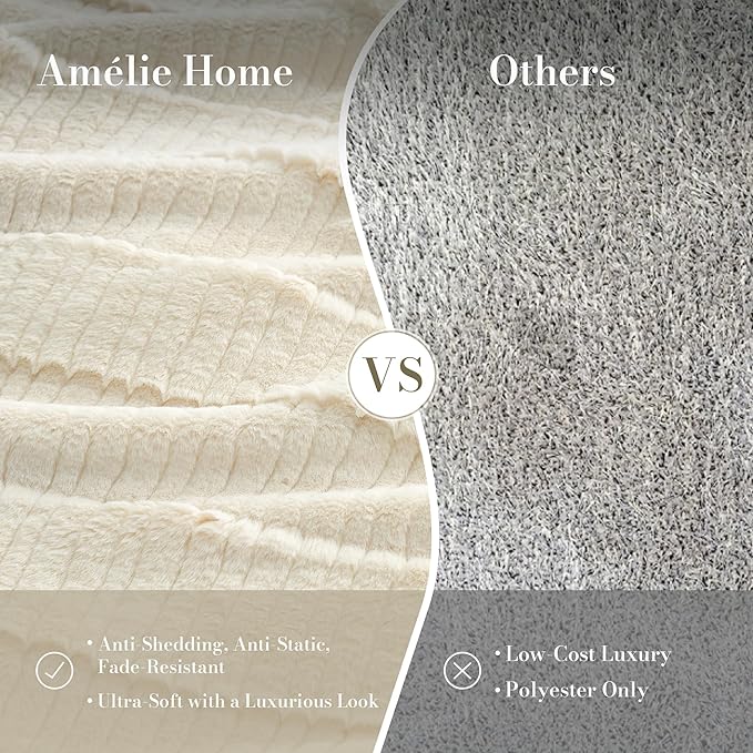 Amélie Home Luxury Striped Faux Fur Throw Blanket for Couch, Soft Cozy Fuzzy Fluffy Soft Plush Blankets Sofa Chair Gift Blankets for Women, 60"x80", Ivory