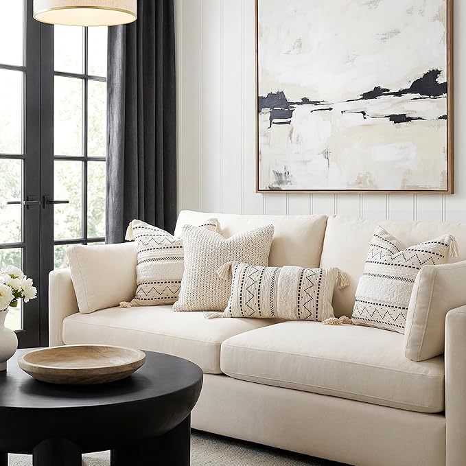 BlissBlush 20X20 Throw Pillow Cover, Cream Neutral Square Decorative Cushion Cover with Black Pattern, Boho Accent Pillowcase with Tufted Details and Tassels for Couch Sofa Living Room (Cover Only)