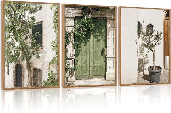 CHDITB Vintage Italy City Landscape Framed Canvas Wall Art Set Of 3, Minimalist Country Wall Decor, Nature Green Olive Tree Wall Painting, Malta Modern Art Prints for Living Room Bedroom Decor-12”x16”