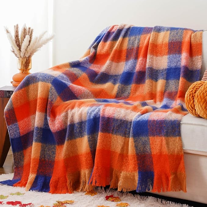BATTILO Fall Orange Plaid Throw Blanket for Couch, Colorful Mohair Tartan Plaid Blanket, Farmhouse Style Throw Blankets for Fall Home Decor(50"x60")