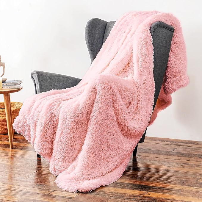 Pawque Blankets Queen Size for Bed - Sherpa Fleece Faux Fur Fluffy Blanket for Women Men, Luxury Super Soft Decorative Throw for Sofa Couch Chair, Bright Pink 90x90 inches