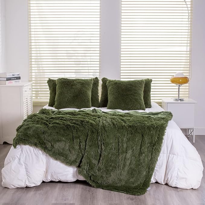 YUSOKI Long Faux Fur Twin Size Blanket,2 Layers,3.4lb for Bed Couch Home Décor Gifts Men (Olive Green,60" x 80")