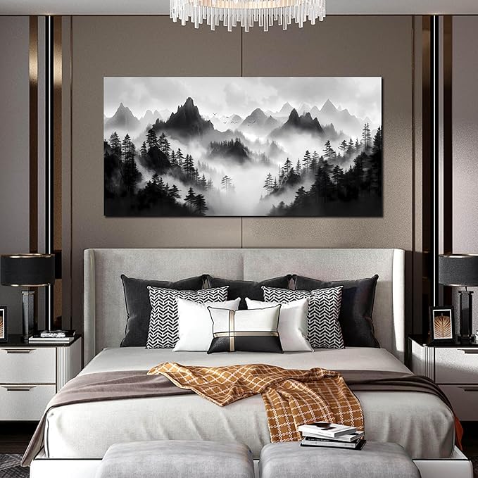 Forest Pictures Wall Art for Living Room Large Size - Mountain Landscape Art Wall Decor for Bedroom - Black and White Canvas Wall Art Size 29" x 59"