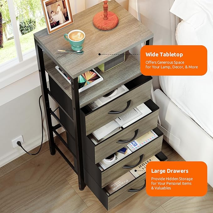NightStand Bedside Charging Table Bedroom - Night Stand with Charger Station, Modern Nightstand with Open Shelf & 4 Fabric Drawers, End Table with USB-C USB Ports & AC Outlets for Dorm, Grey