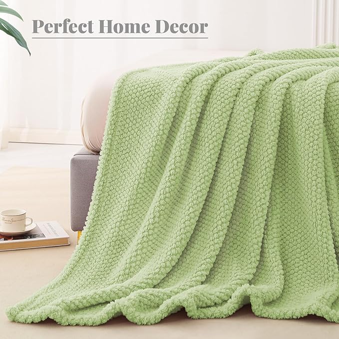 Whale Flotilla Queen Size Fuzzy Fleece Blanket for Bed, 90x90 Inch Fluffy Warm Soft Jacquard Blankets for All Season, Lightweight and Cozy, Sage Green