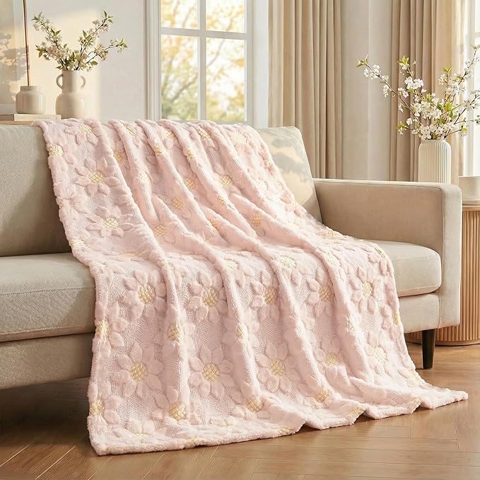 Horaldaily Spring Summer Blanket Throw, Pink Sunflower Soft Fuzzy Plush Faux Fur Cozy Blankets for Couch Sofa Bed Lounging, Ideal Gifts for Kids Adults Wife Self, 50x60
