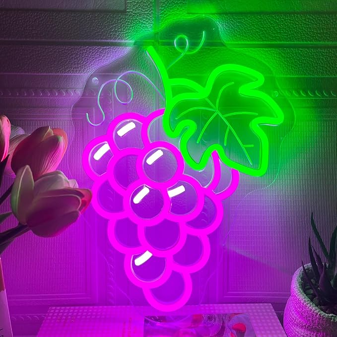 Grapes Neon Sign for Wall Decor, Dimmable Purple Grape Fruit Neon Lights, Vibrant Fruit Themed Neon LED Signs for Kids Room, Bedroom, Restaurant, Bar, Club, Fruit Shop, Birthday Party