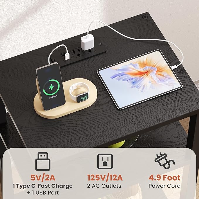 Tall Nightstand with Fast Charging Station, 3 Tier Small Table Stand for Small Space, Skinny Side Table with Type C and USB Port, End Tables for Living Room, Bedroom, Office, Black