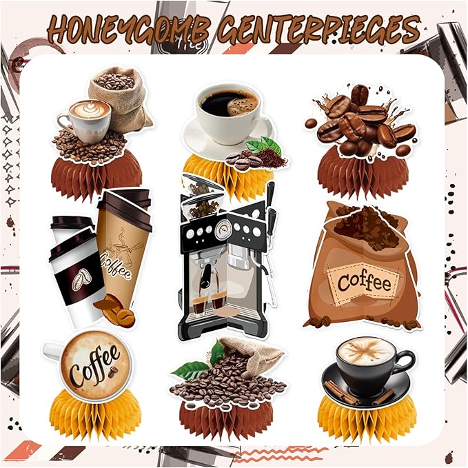 9 PCS Coffee Honeycomb Centerpieces Coffee Table Decorations Table Topper for Coffee Party Decorations Coffeehouse Birthday Party Supplies