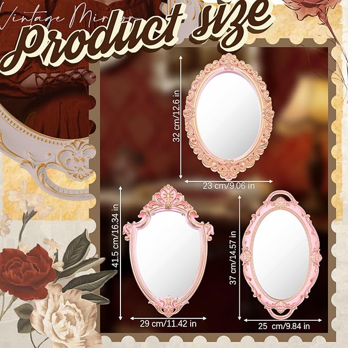 3 Styles Vintage Mirrors Set Decorative Oval Wall Mirror Small Antique Mirrored Tray Decorative Retro Hanging Mirror for Bathroom Bedroom Jewelry Organizer Victorian Decor(Pink)