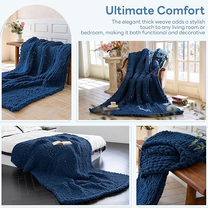 Chunky Knit Blanket - Luxury Soft Cozy 60 * 80 Throw Blanket,100% Woven Blanket Rope Knot Throw Blanket for Couch, Sofa, Home Decor, Gift - Machine Washable (Deep Blue, 60 * 80)