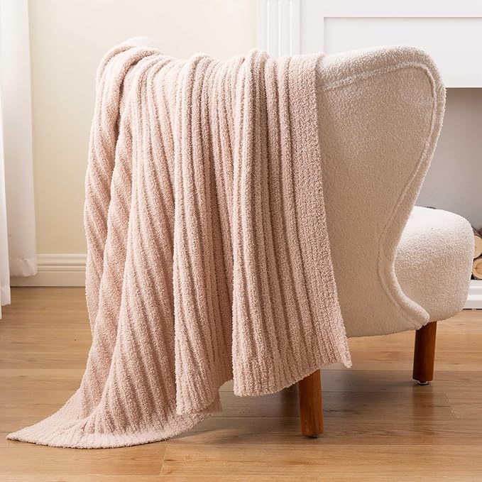 BATTILO Beige Throw Blanket for Couch, Knit Fuzzy Plush Fluffy Soft Netural Blankets, Cozy Warm Lightweight Blanket for Bed, Sofa, Home Decor, 50"x60"