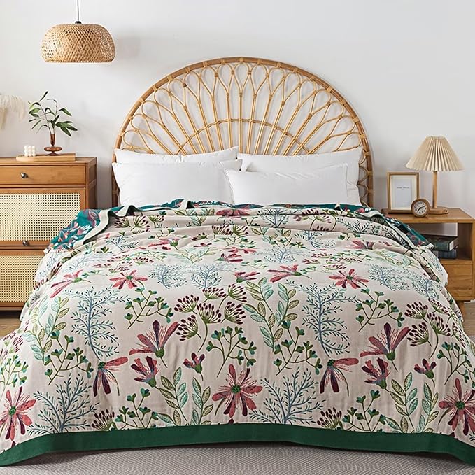 Spring Boho Throw Blanket for Bed,60"x80", Green,Lightweight Muslin Cotton Quilt for Couch, Sofa, Floral Travel Blanket, Reversible Picnic Beach Blanket, Best Gifts for Women,Mom
