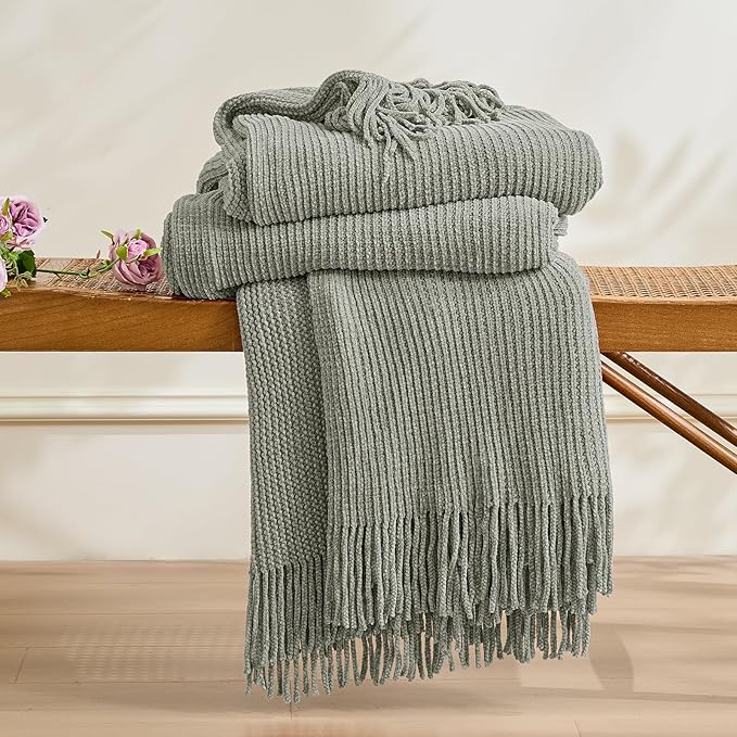 inhand Throw Blanket for Couch Bed,Chunky Chenille Woven Soft Blankets with Tassels, Cozy Boho Farmhouse Fall Winter Decor,Warm for Women,60"x80",Extra Thick-Light Grey