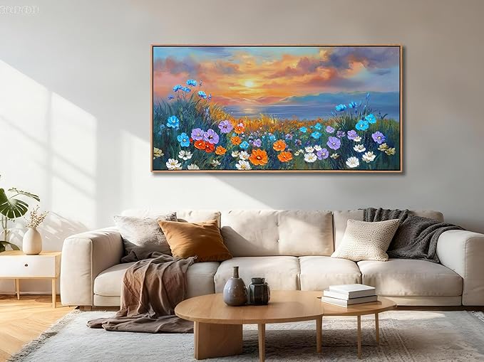 Ardemy Wildflower Wall Art for Living Room Large Framed Floral Canvas Pictures, Bedroom Wall Decor Sunset Paintings Flower Textured Artwork for Walls Dining Room Home Office 58"x29"