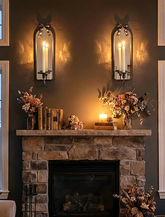 Candle Sconces Black Wall Decor: Set of 2 Metal Wall Candle Holder Decorative for Taper Pillar Candles - Vintage Bow Sconces Art for Fireplace Bathroom Livingroom
