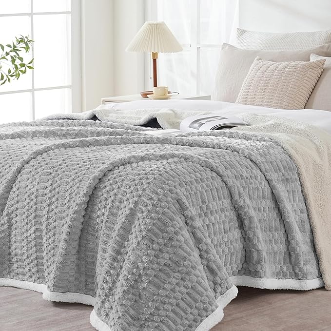 Sherpa Throw Blanket for Couch Flannel Cozy Soft Thick Blanket Warm Twin Blanket for Bed Fleece Home Decor Gifts, Z01 - Light Grey, 60"*80"