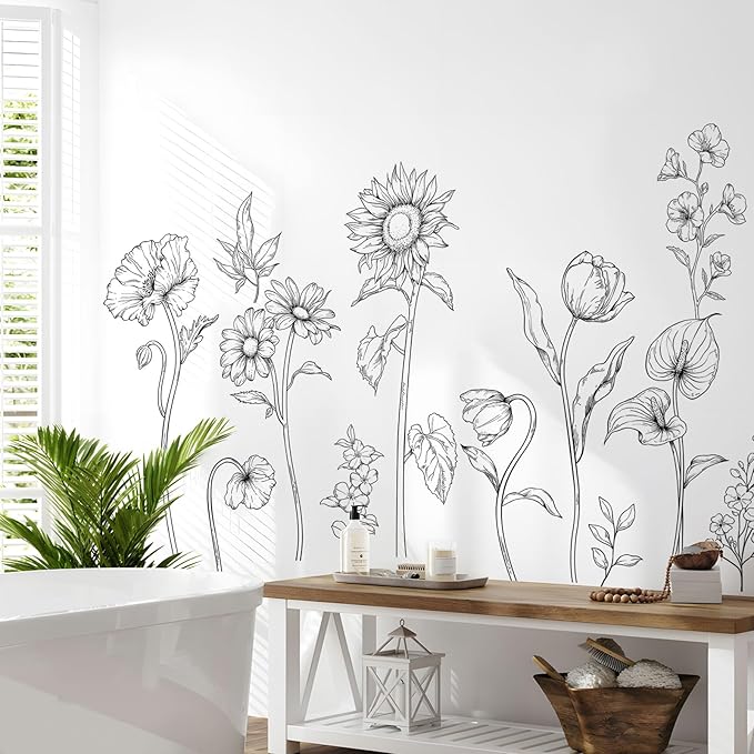 Large Black and White Flower Wall Decals, 3 Sheets Simple Modern Minimalist Sunflower Tulip Wall Stickers Floral Art Decor for Girls Bedroom Home Room Office Adult Gifts for Mom(11.8x35.4 in/Sheet)