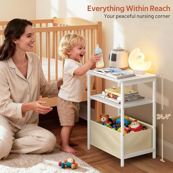 MISSLO Nursery Side Table for Living Room with Storage Basket Small End Tables for Small Spaces Kids Nightstand with Large Tabletop White Bedside Table Toddler Night Stand for Bedroom, Sofa, Dorm