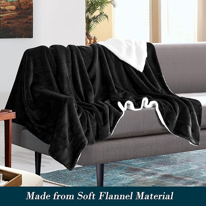 Mocassi Premium Ultra-Soft Velvet Touch Flannel Fleece Sherpa Throw - Warm Cozy Reversible Plush Micromink Throw Blanket for Couch, Bed and Sofa - Fluffy, Christmas Winter Bedding Gift, Black
