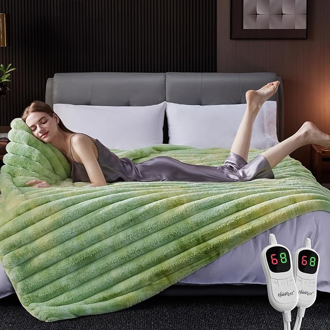 Heated Throw Blanket, Faux Fur Cozy Heating Blanket with Overheat Protection, 1/2/4/6/8 Hours Auto-Off 10 Heat Level, Machine Washable (84x90 Inches, Tie-Dye Green)
