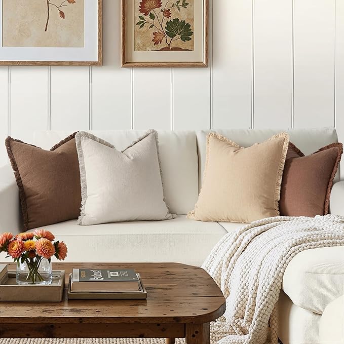 MIULEE Decorative Couch Pillow Covers Neutral Linen Fringe Throw Pillows Set of 4 Accent Rustic Cushions Boho Farmhouse Pillowcases for Bed Sofa Living Room Spring Home Decor 18x18 Inch Beige/Brown