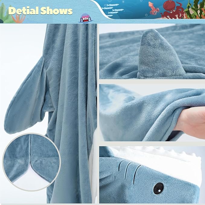 Touchat Shark Blanket Onesie Costume for Adult, Super Soft Cozy Flannel Cartoon Throw Wearable Blanket Hoodie Sleeping Bag Cosplay Gifts for Shark Lovers (Blue, XXL)