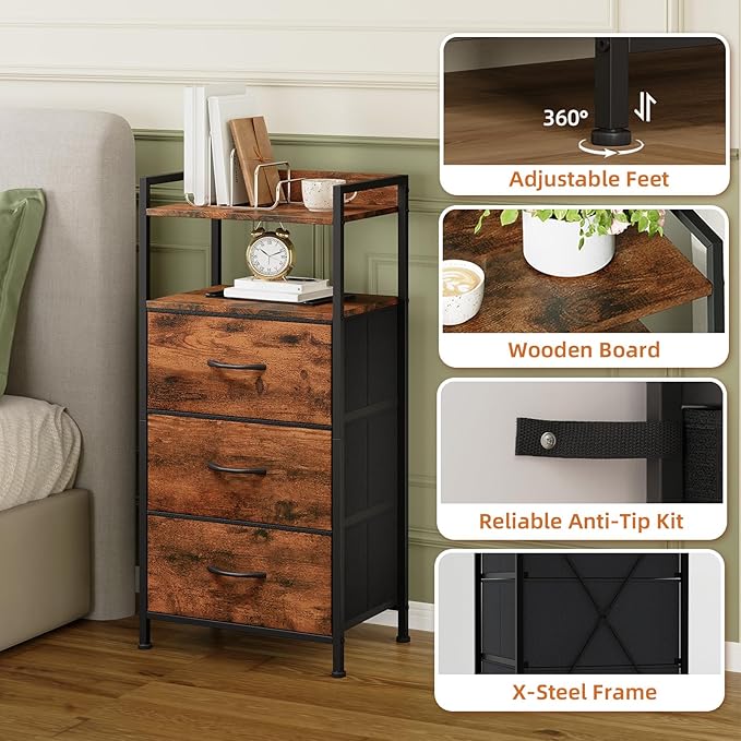 Somdot Nightstand with 3 Drawers, Dresser with Fabric Bins for Bedroom, Hallway, Entryway, Night Stand Bedside Table Furniture, Sturdy Steel Frame, Wooden Top, Easy Pull Fabric Bins, Wood Grain Print