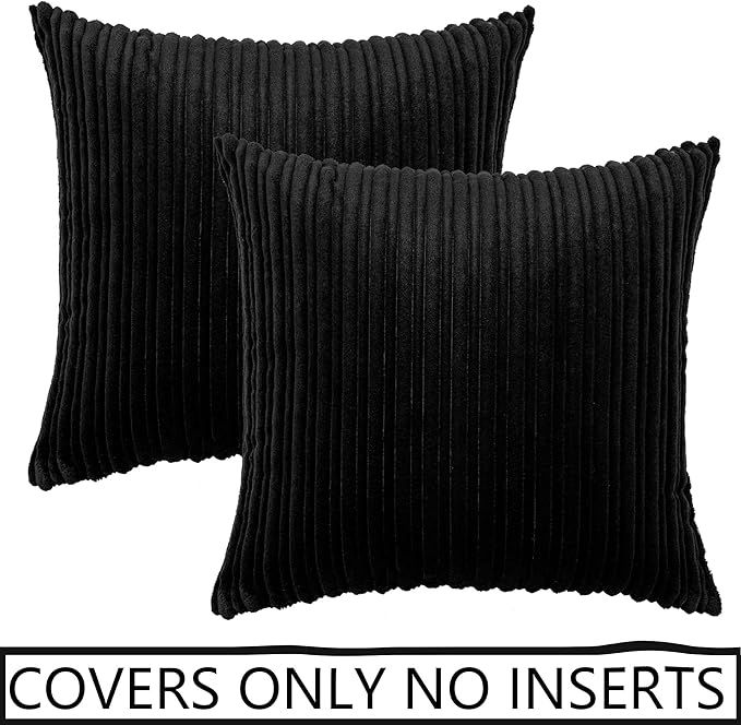 UGASA Super Soft Plush Corduroy Pillow Covers Solid Textured Large Throw Euro Pillow Sham Cushion Cover for Couch Floor, 2 Pcs, 18 x 18(45cm), Black