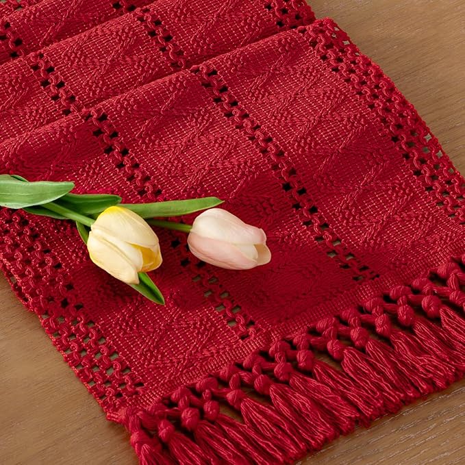 Socomi Boho Table Runner Macrame Easter Spring Farmhouse Woven Cotton Linen Rustic Coffee Table Runner with Tassels for Dresser Scarf Home Decor Dining Room 12x90 in Red