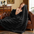 Faux Fur Throw Blanket for Couch, 850GSM Cozy Soft Plush Thick Striped Luxury Blanket for Sofa Living Room Bedroom,50 * 60 Inches, Black