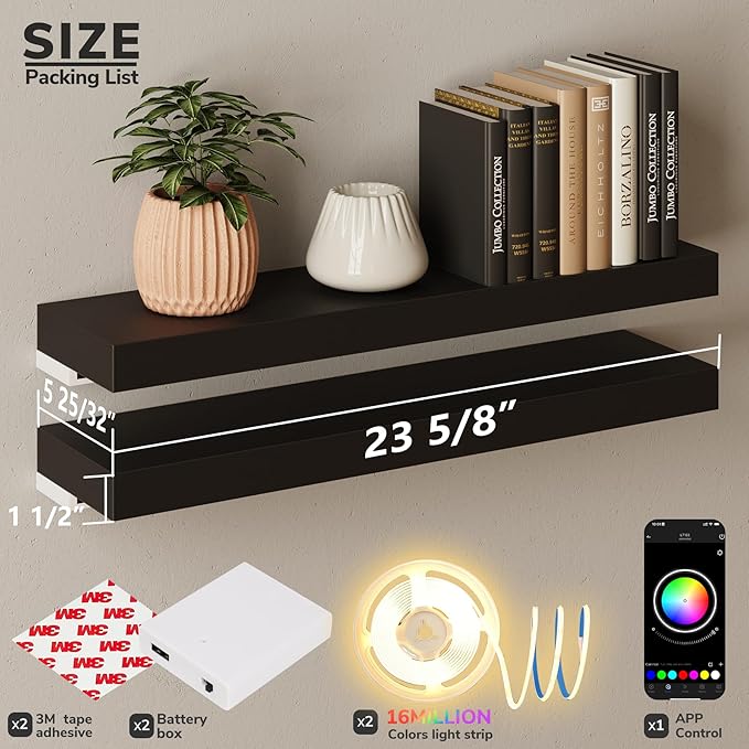 BAMEOS Floating Shelves with LED for Wall, Sturdy Shelves with RGB Light, Wall Mounted Display Shelves, Set of 2, Hanging Shelf for Bathroom, Bedroom, Kitchen, Living Room Storage, Black