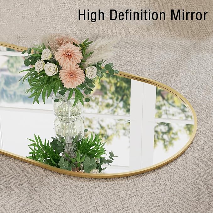 TinyTimes 16"x48" Hanging Mirror with Leather Strap,Arched Full Length Mirror with Aluminum Frame Wall-Mounted Hanging Mirrors for Bathroom Vanity Living Room Bedroom Entryway Décor, Gold