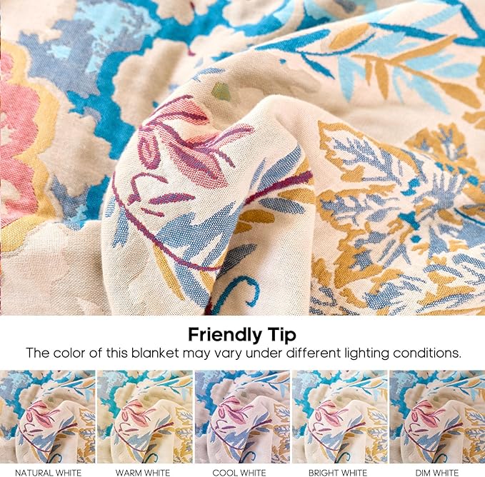 Boho Throw Blanket 50"x60" Floral Couch Blanket with Sunflowers,100% Cotton Soft Breathable Lightweight Spring Decorative Tassel Reversible Blankets for Sofa Bed Decor All Season