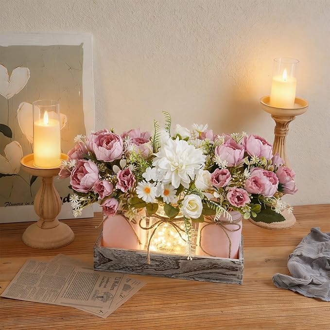 LUEUR Artificial Spring Rose Flowers in Mason Jars with Rustic Wood Tray, 3PCS Set – Pink Floral Centerpiece Table Decorations for Coffee Table, Dining Room, Kitchen & Farmhouse Home Decor